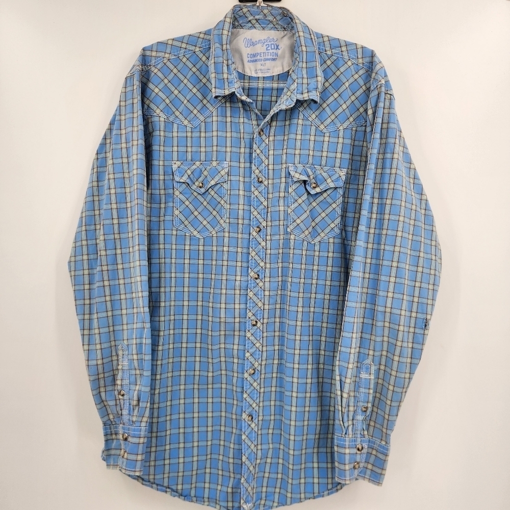 Wrangler 20X Long Sleeve Button Front Shirt Mens Size XLT Blue Plaid Snap